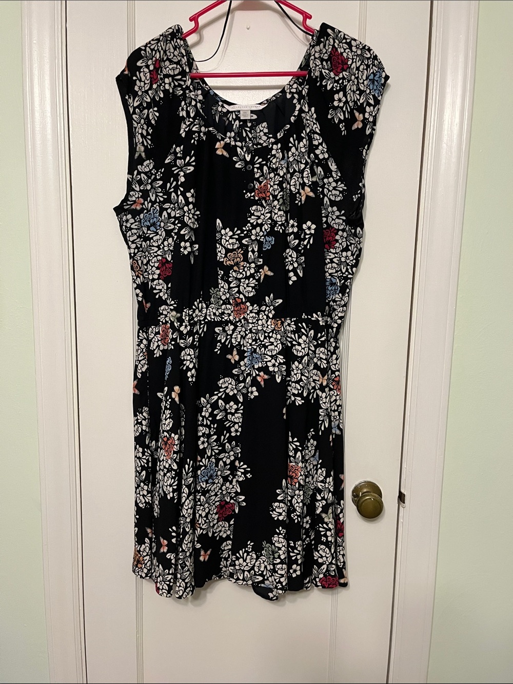 LC Lauren Conrad Black Floral Dress with White, Blue and Red Accents